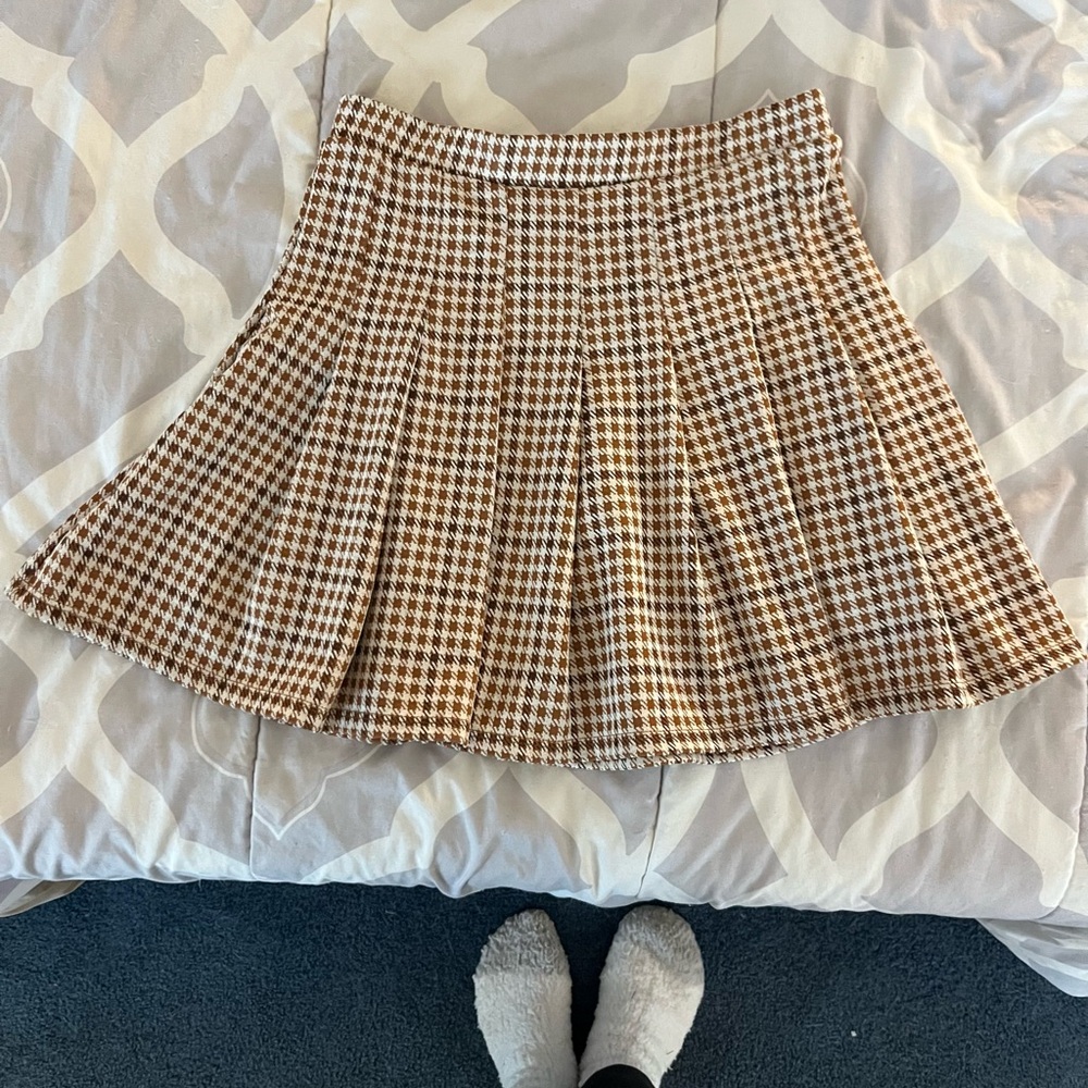 Altar'd State Brown and Cream Pleated Skater Skirt